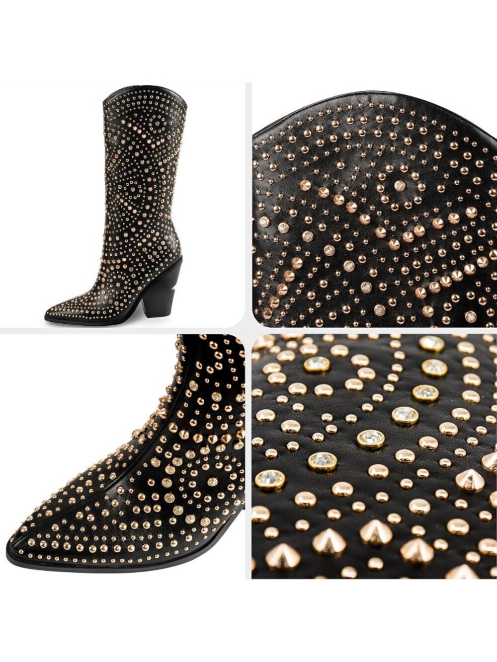 Women's Leather Boots Pointed Toe and Chunky Heel Boots Luxurious Studded Boots - Picture 4 of 6